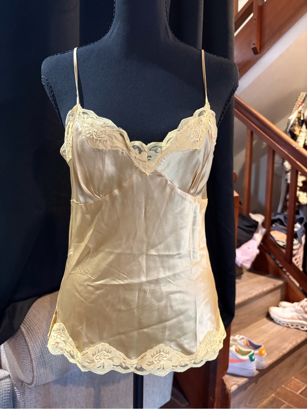 Vintage Shu Shu Silky Lace Trim Camisole in Pale Yellow